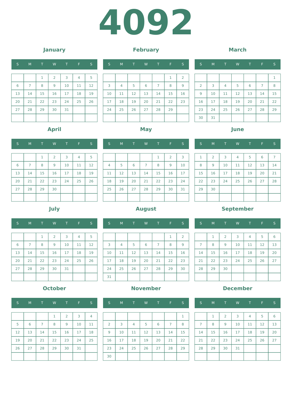 Printable 4092 Year Calendars viridian