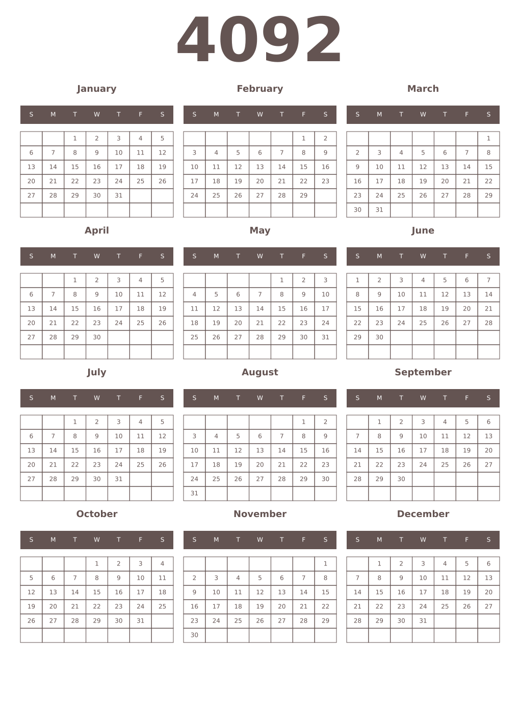 Printable 4092 Year Calendars wenge