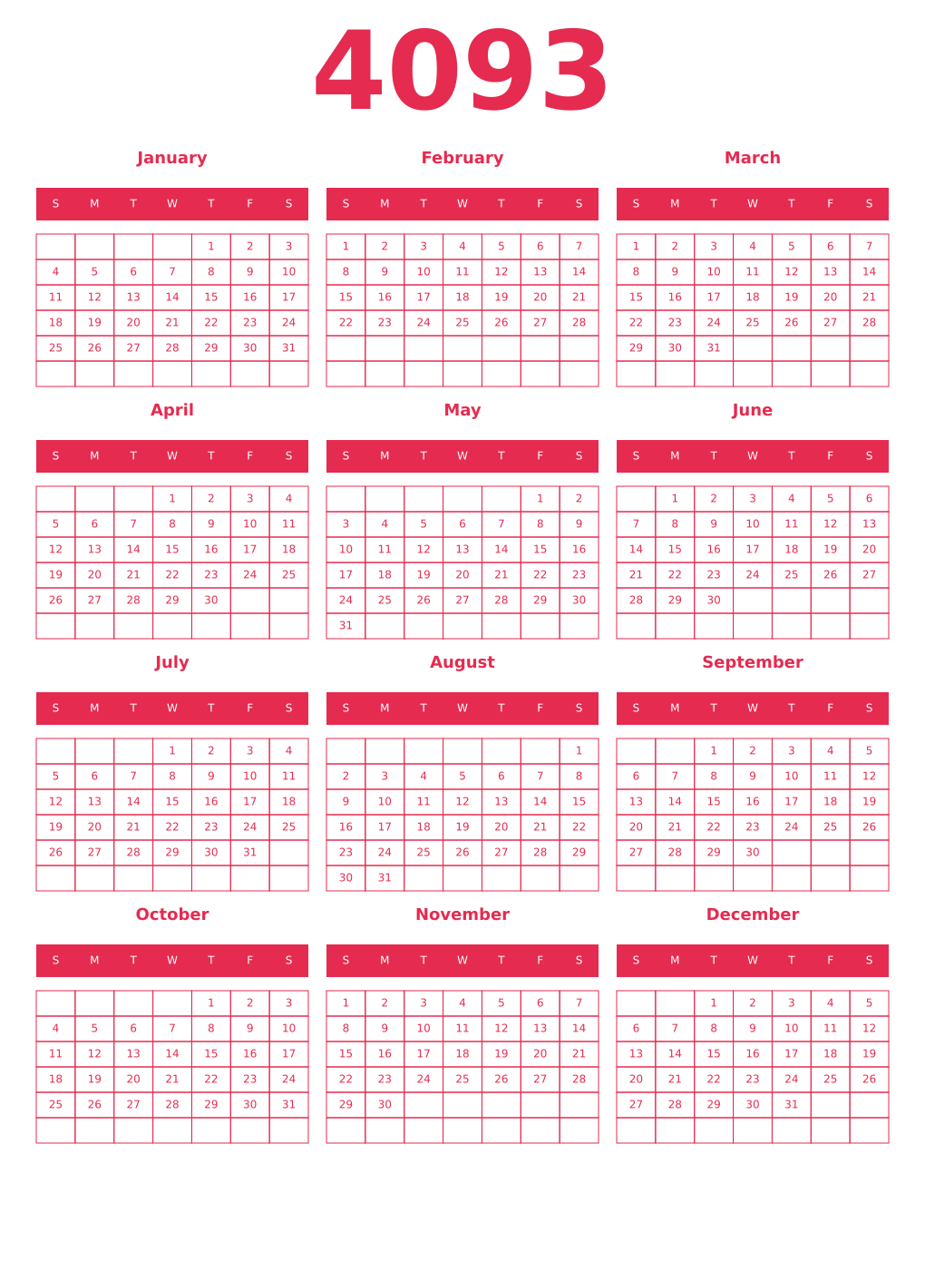 Printable 4093 Year Calendars amaranth