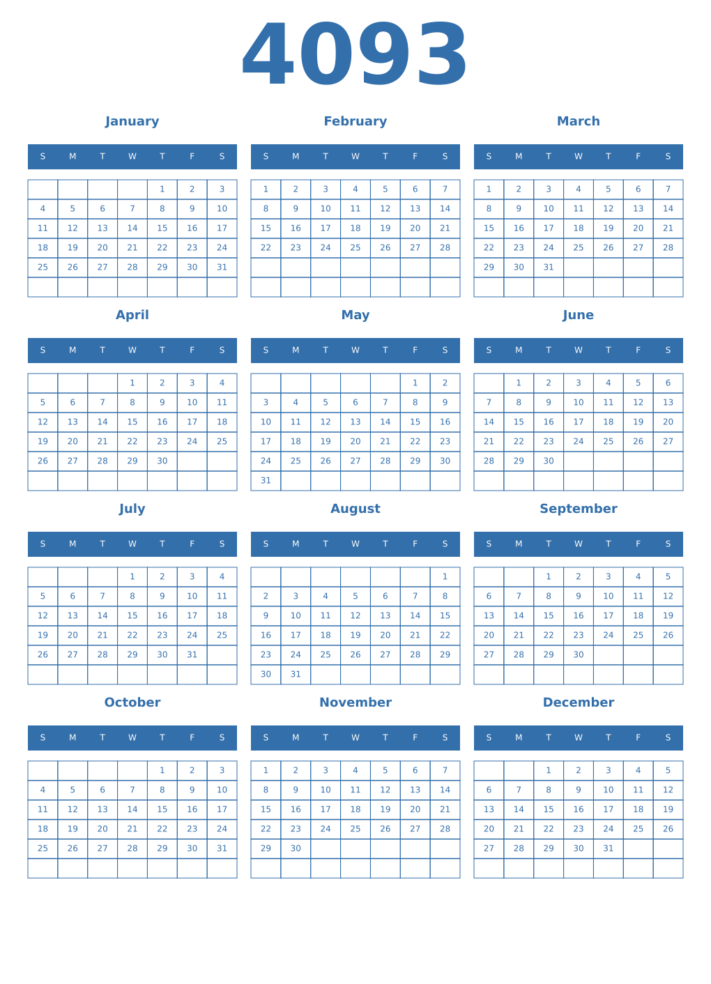 Printable 4093 Year Calendars blue