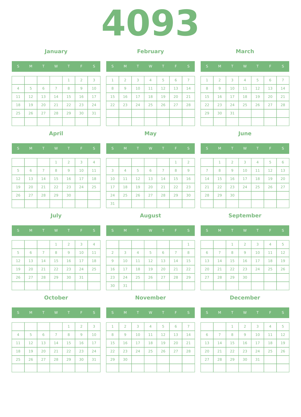Printable 4093 Year Calendars celadon