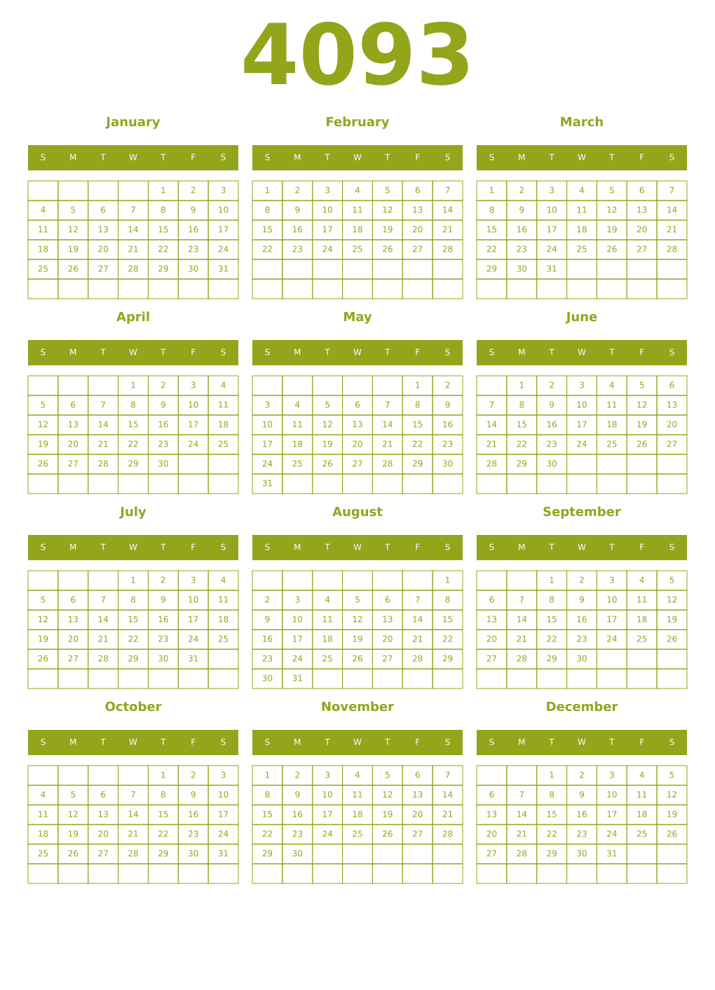 Printable 4093 Year Calendars chartreuse