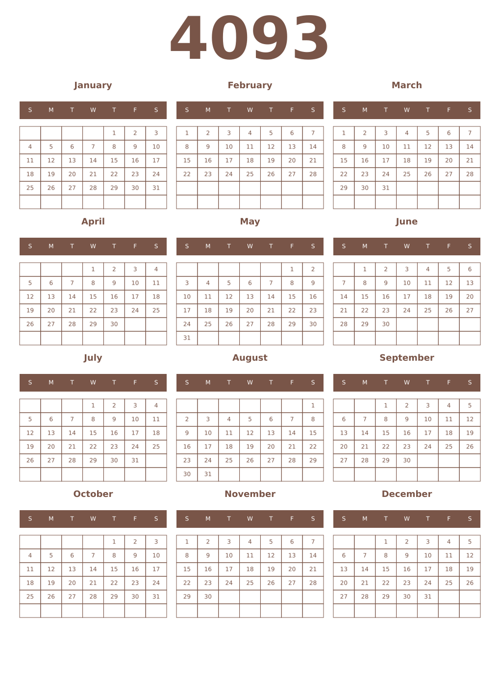 Printable 4093 Year Calendars coffe