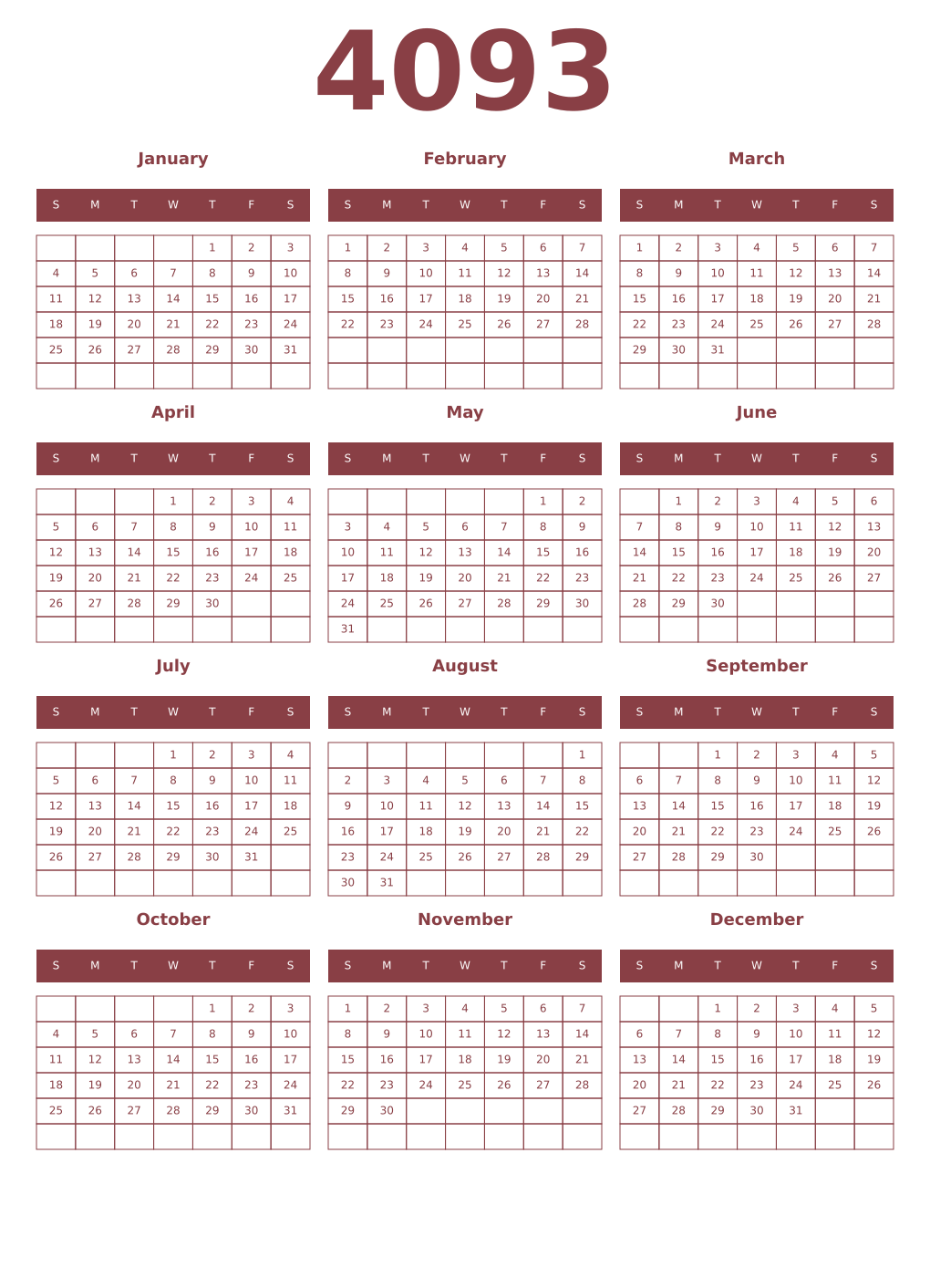 Printable 4093 Year Calendars cordovan