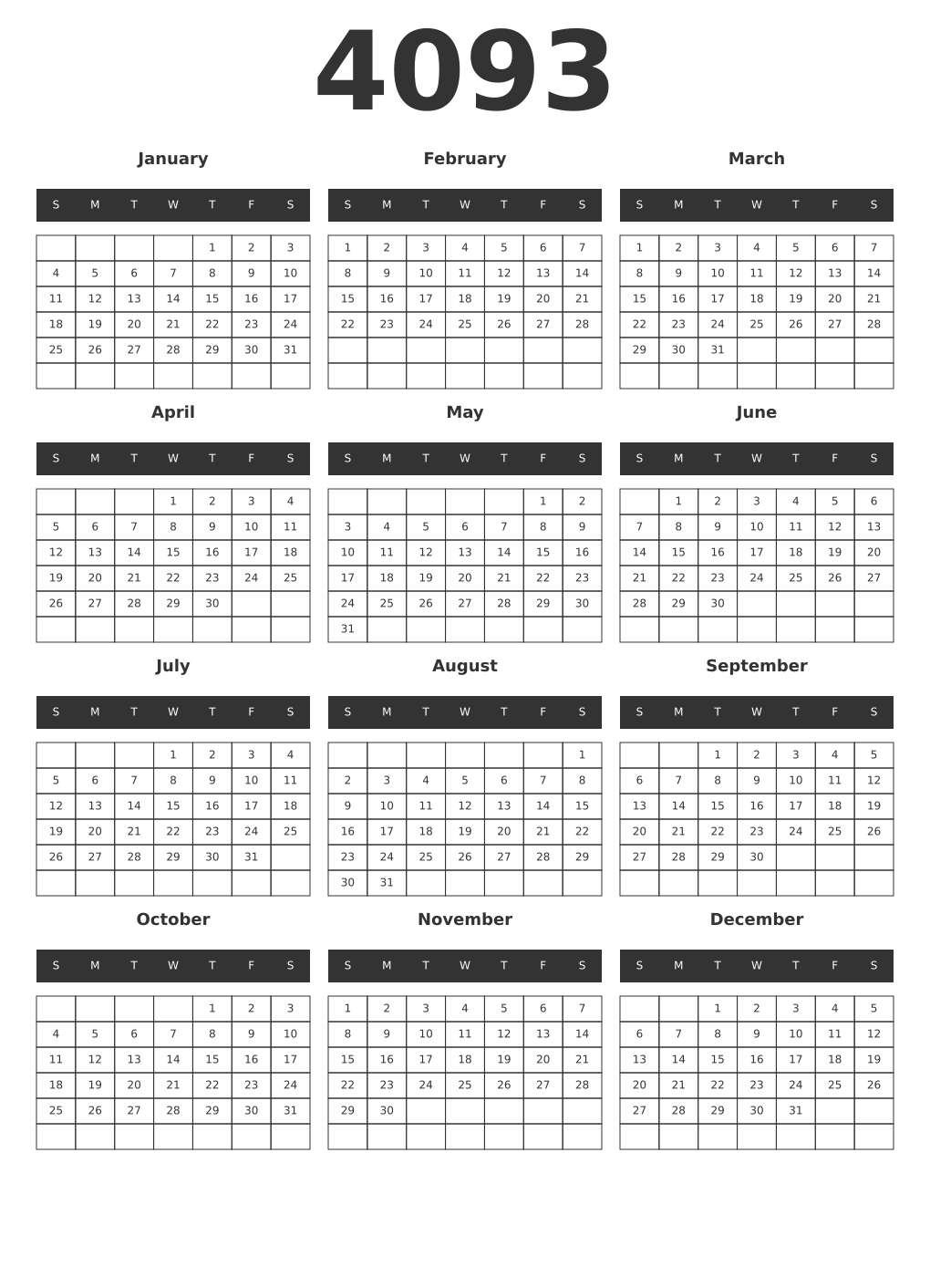 Printable 4093 Year Calendars dark