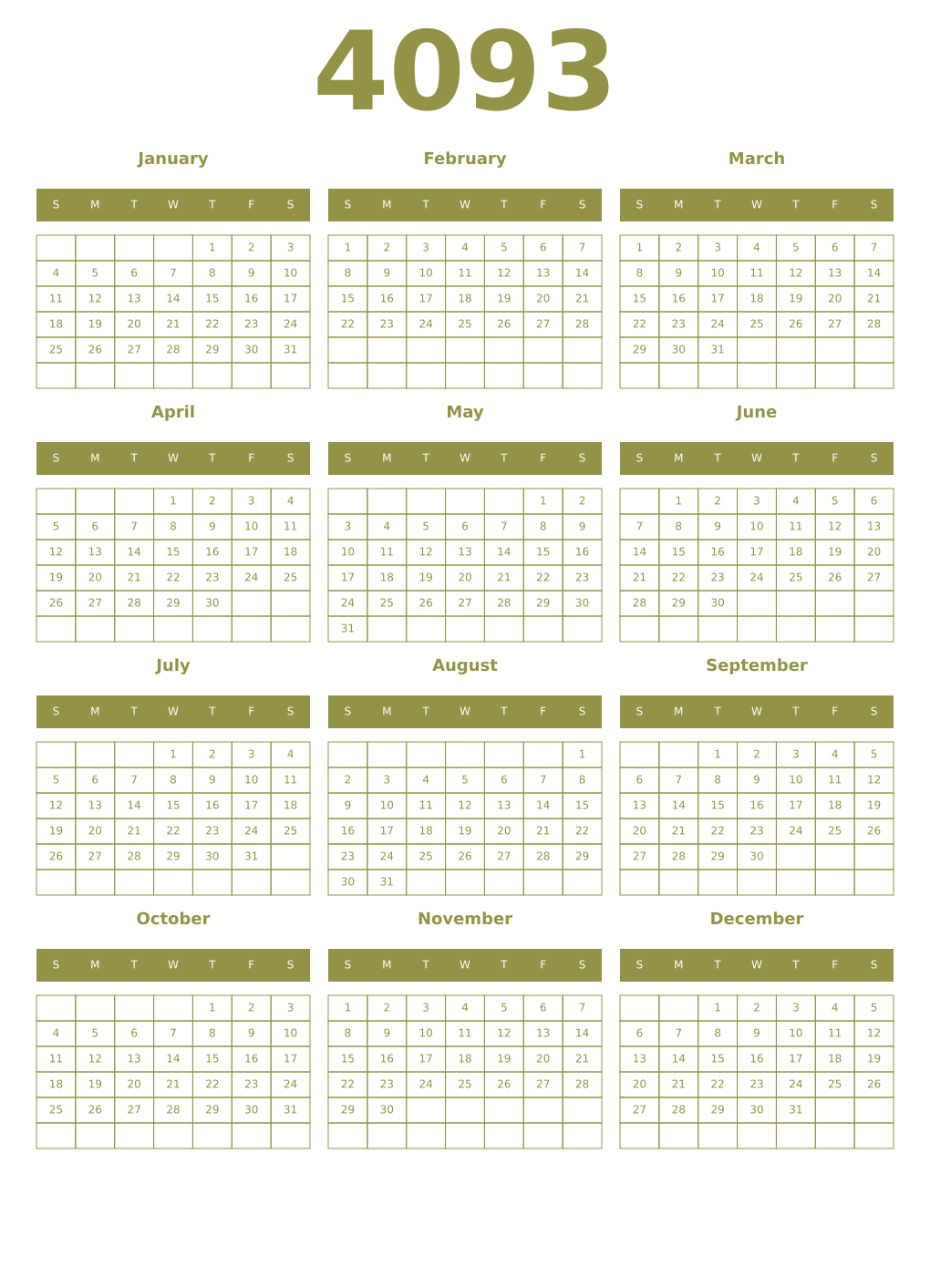 Printable 4093 Year Calendars eburnean