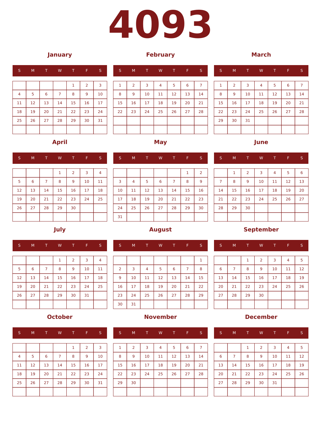 Printable 4093 Year Calendars falu
