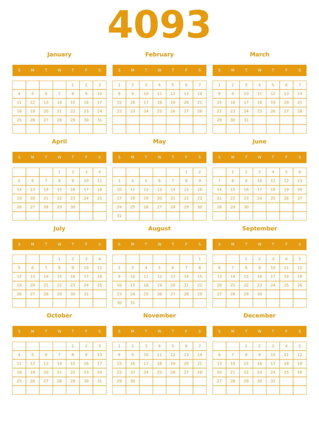 Printable 4093 Year Calendars gamboge