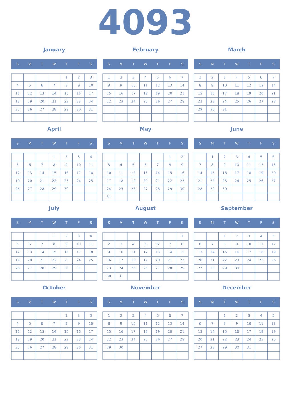 Printable 4093 Year Calendars glaucous