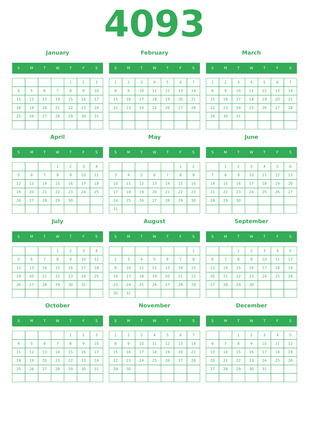 Printable 4093 Year Calendars green