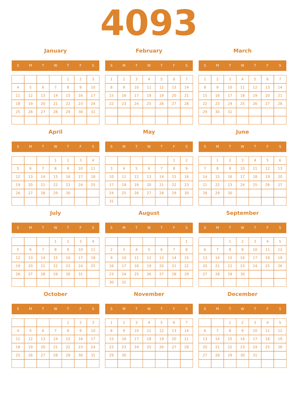 Printable 4093 Year Calendars orange
