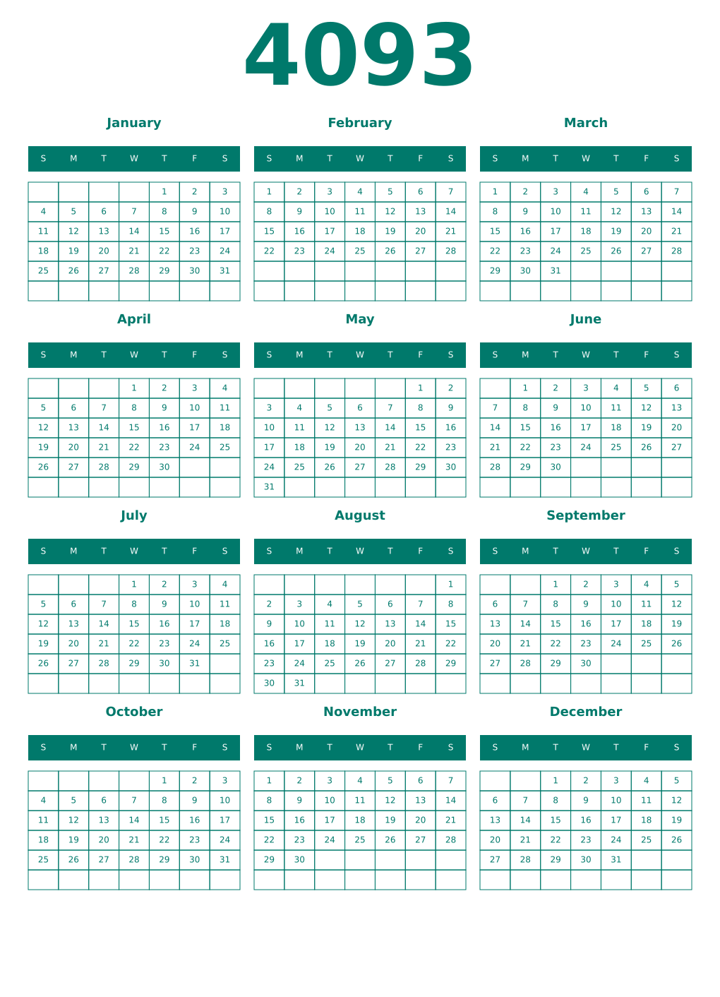 Printable 4093 Year Calendars pastel