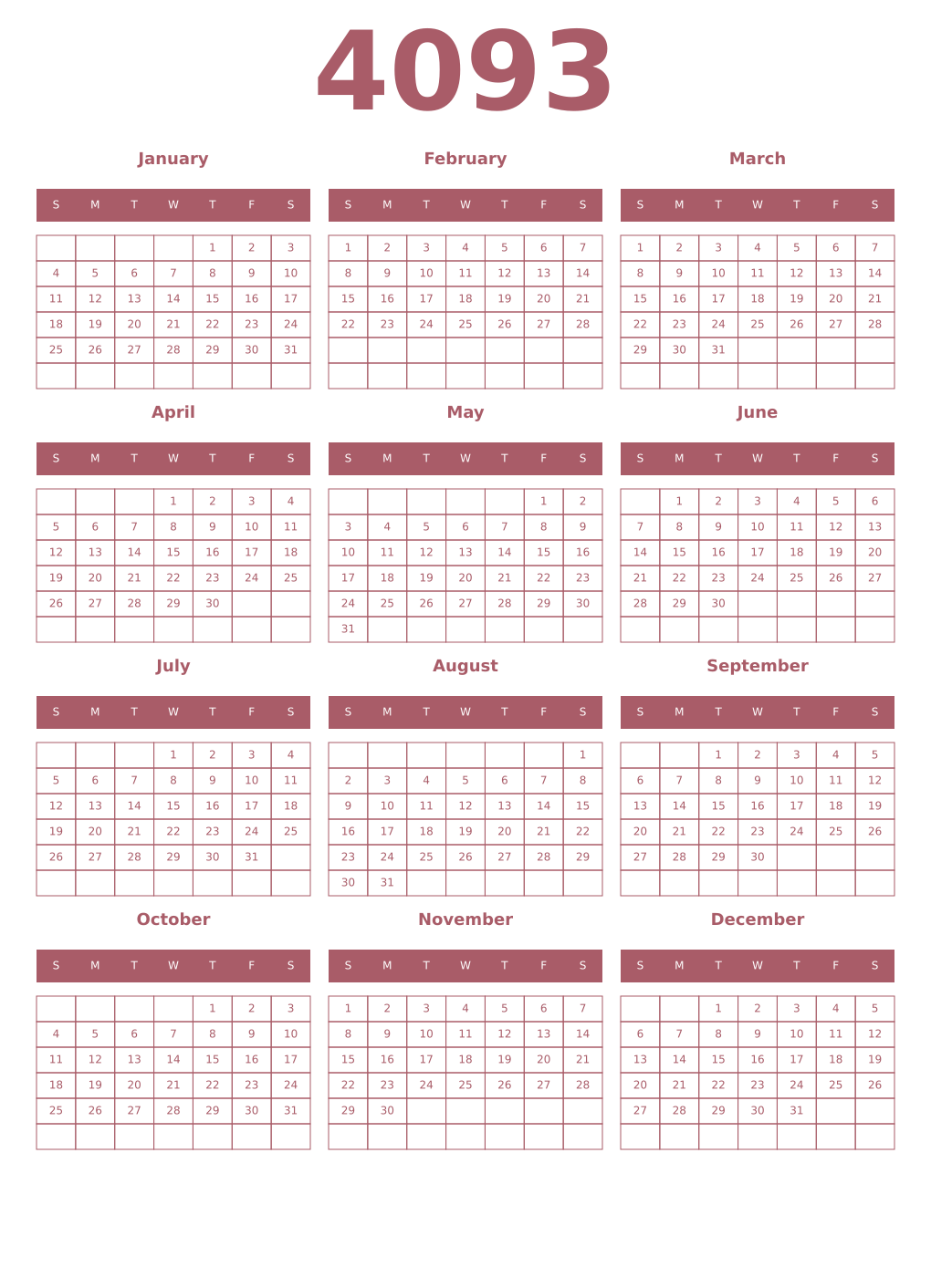 Printable 4093 Year Calendars puce