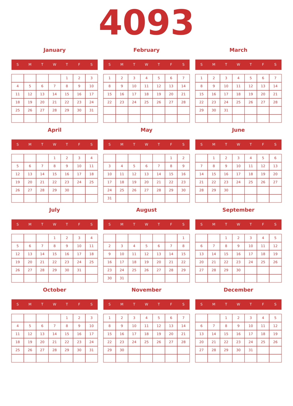 Printable 4093 Year Calendars red