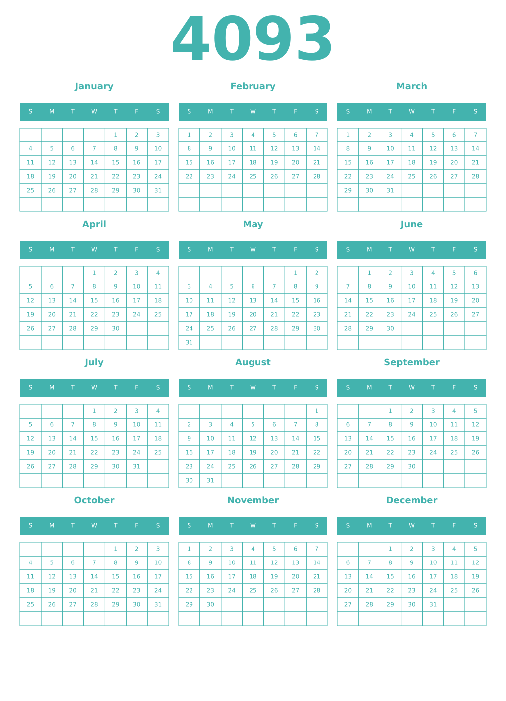 Printable 4093 Year Calendars verdigris