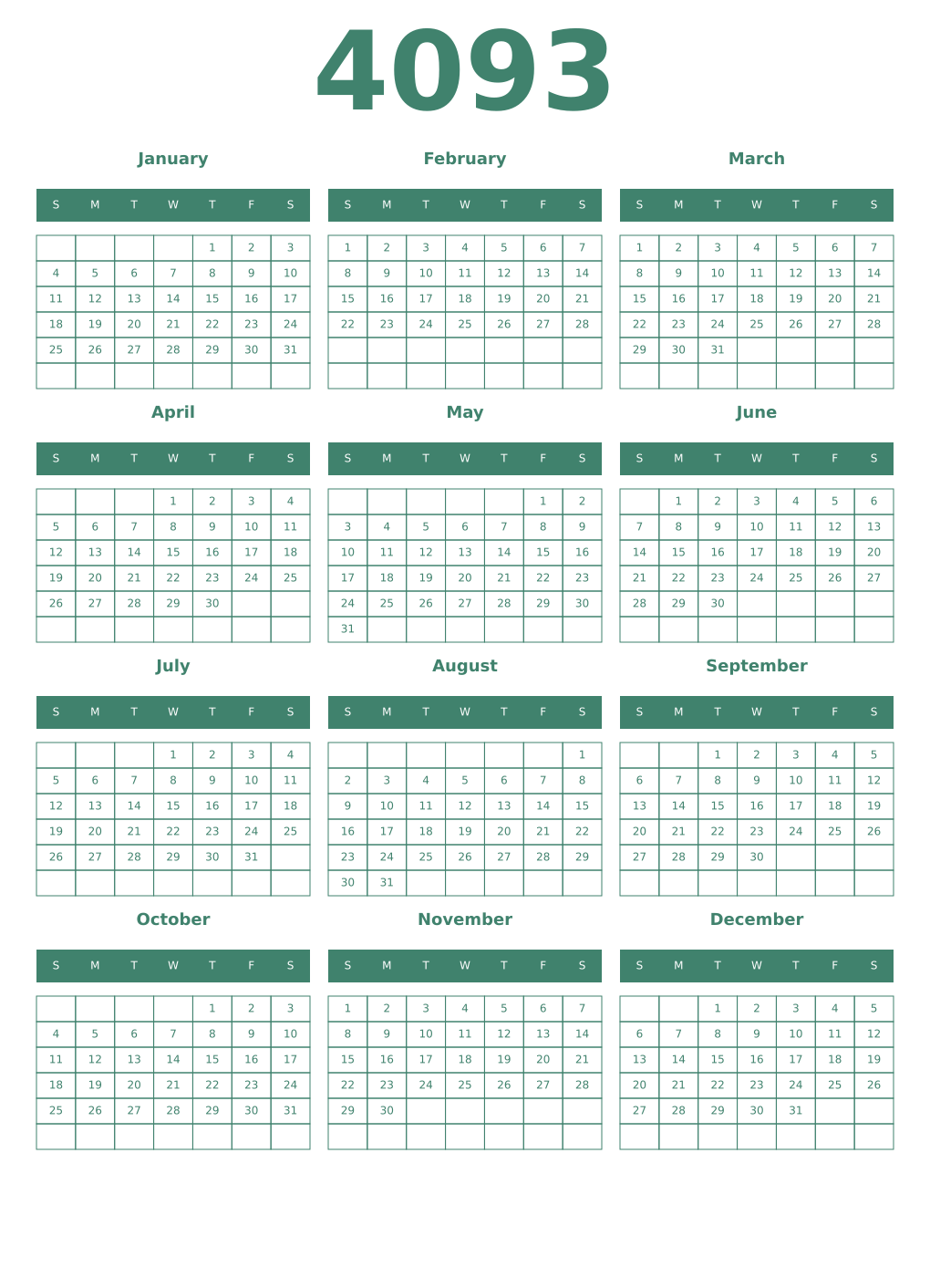 Printable 4093 Year Calendars viridian