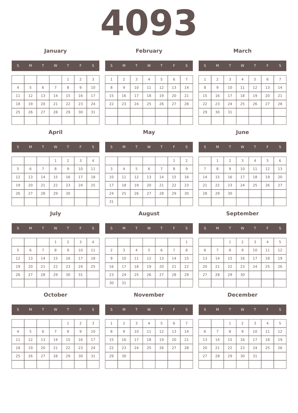 Printable 4093 Year Calendars wenge