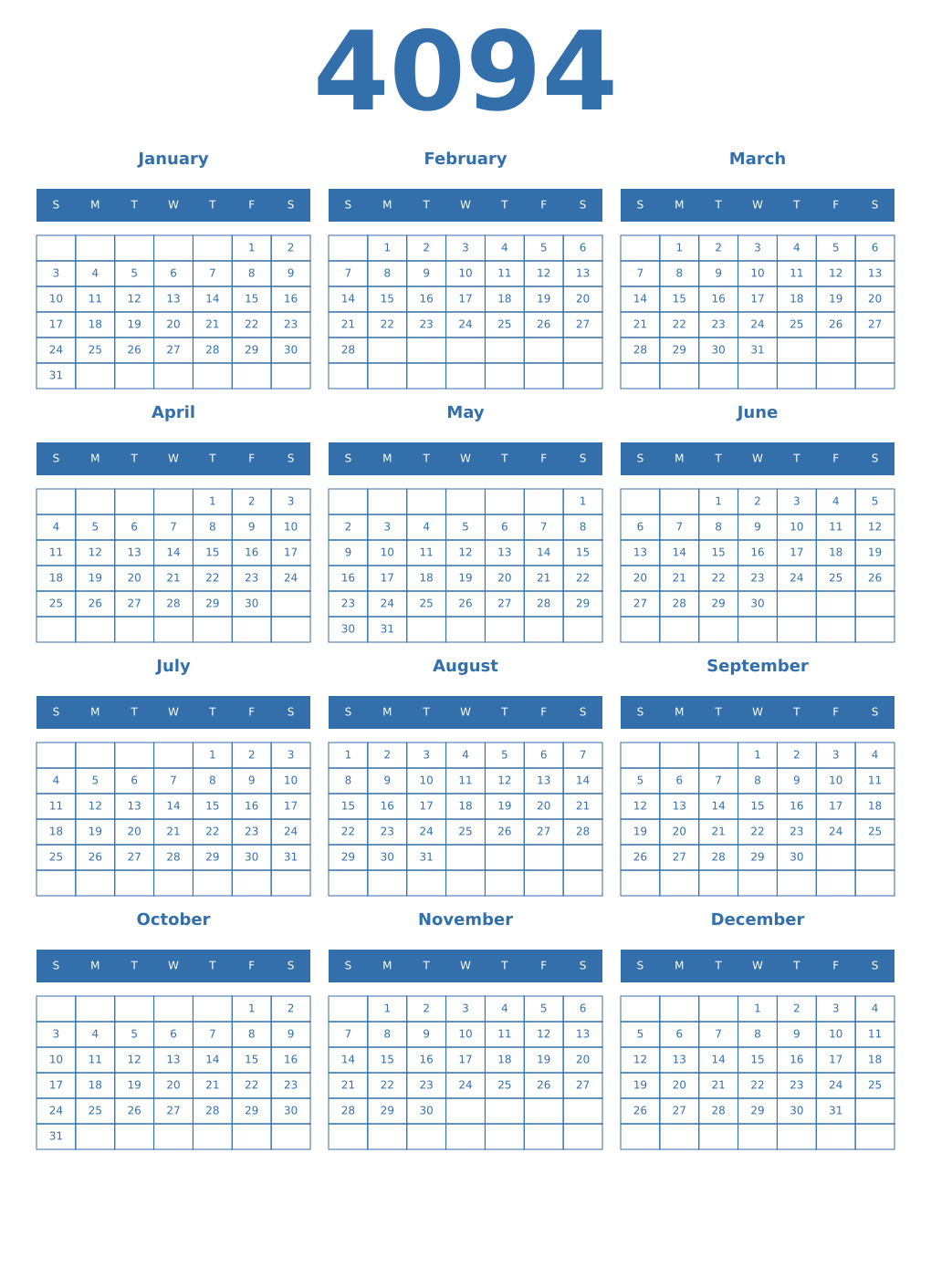 Printable 4094 Year Calendars blue