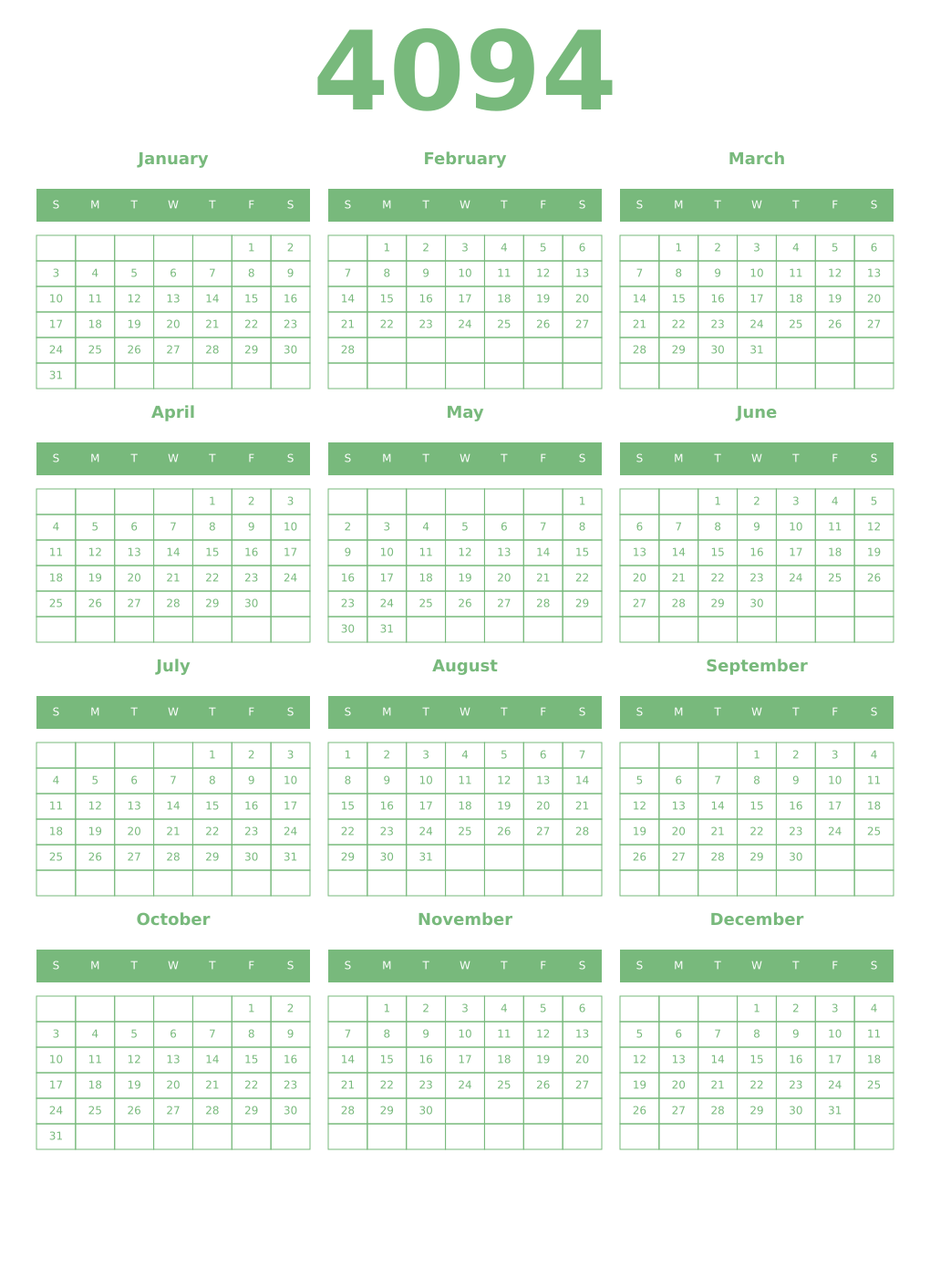 Printable 4094 Year Calendars celadon