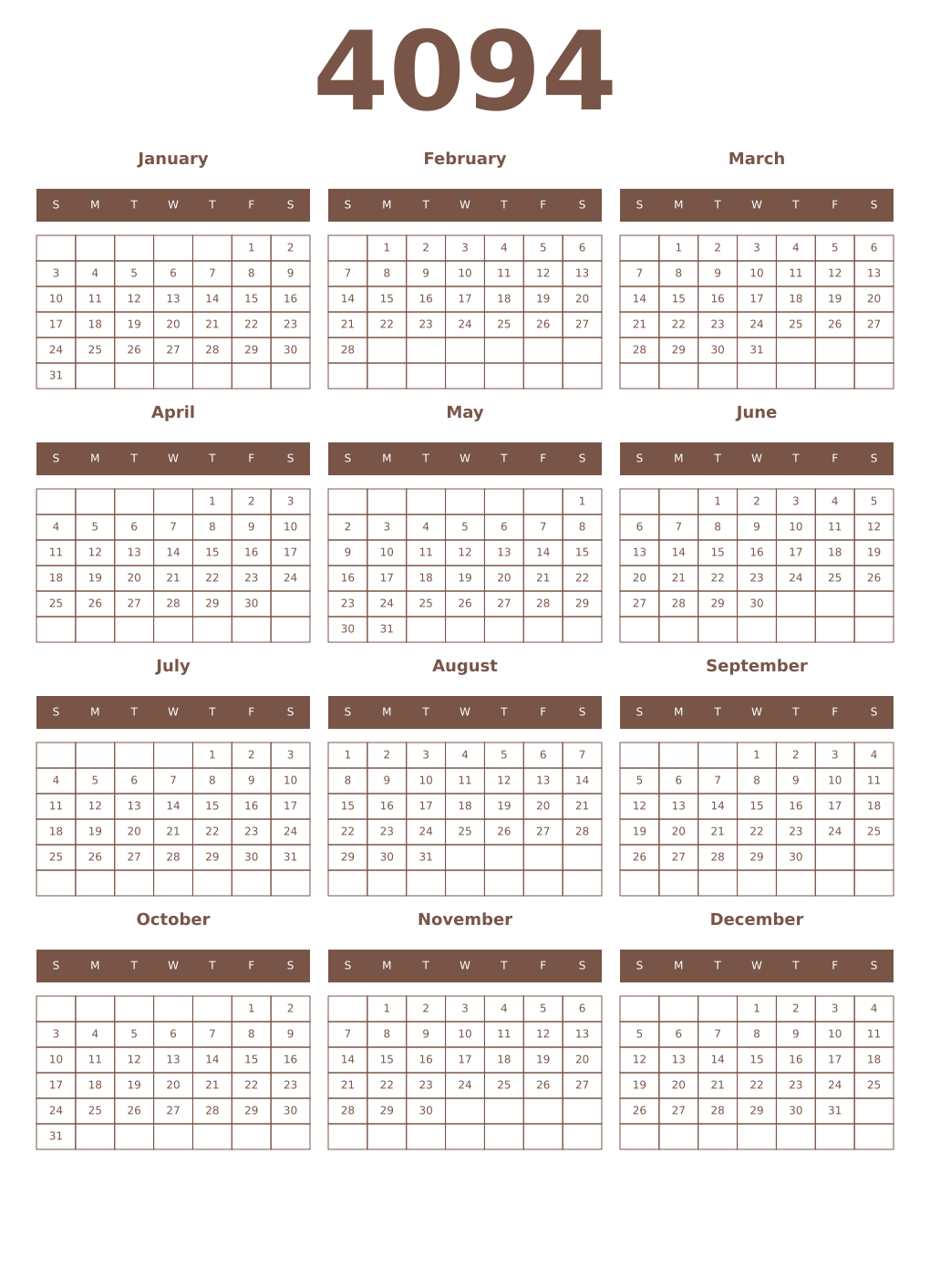 Printable 4094 Year Calendars coffe