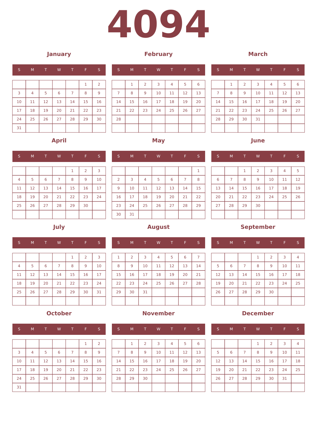 Printable 4094 Year Calendars cordovan