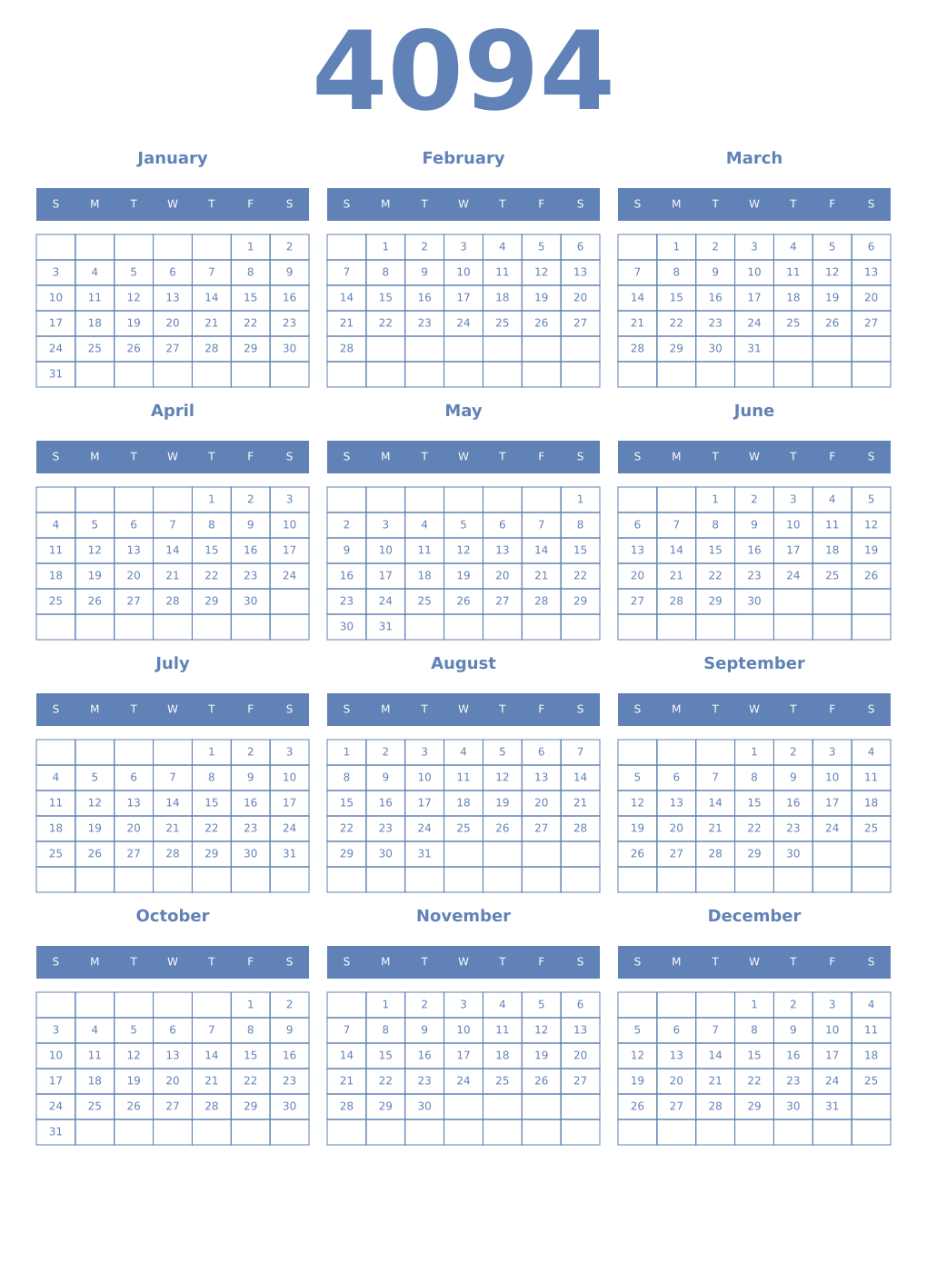 Printable 4094 Year Calendars glaucous