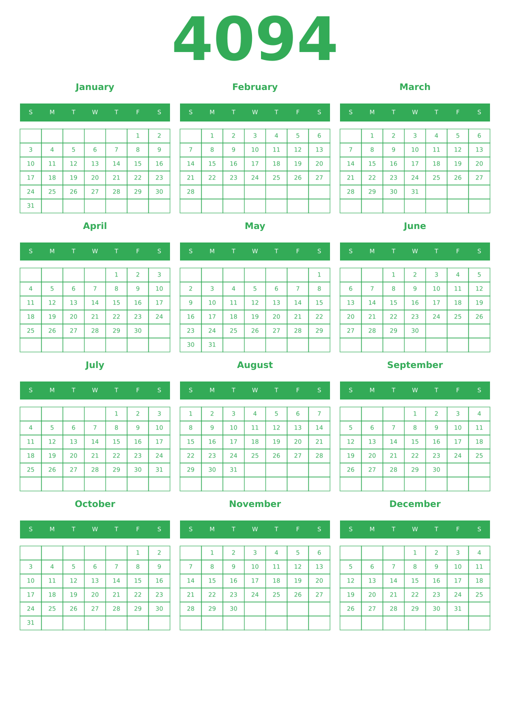 Printable 4094 Year Calendars green