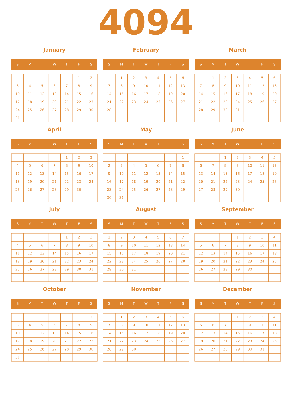 Printable 4094 Year Calendars orange