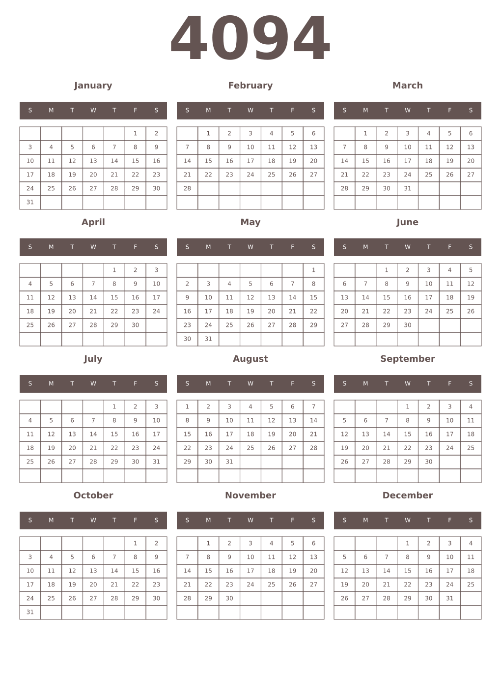 Printable 4094 Year Calendars wenge