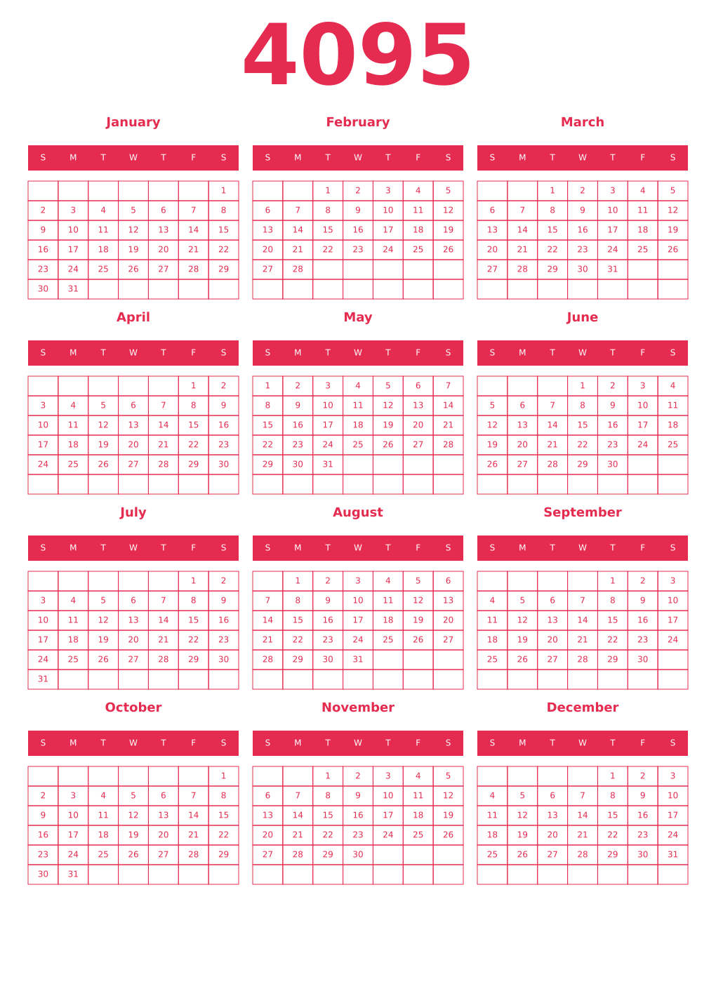 Printable 4095 Year Calendars amaranth