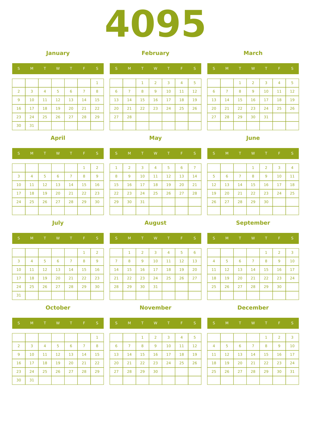 Printable 4095 Year Calendars chartreuse