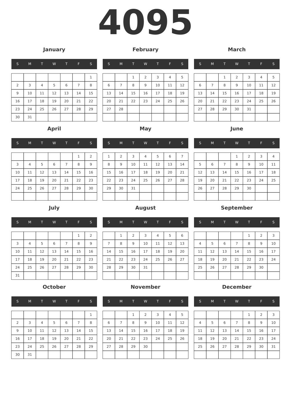 Printable 4095 Year Calendars dark