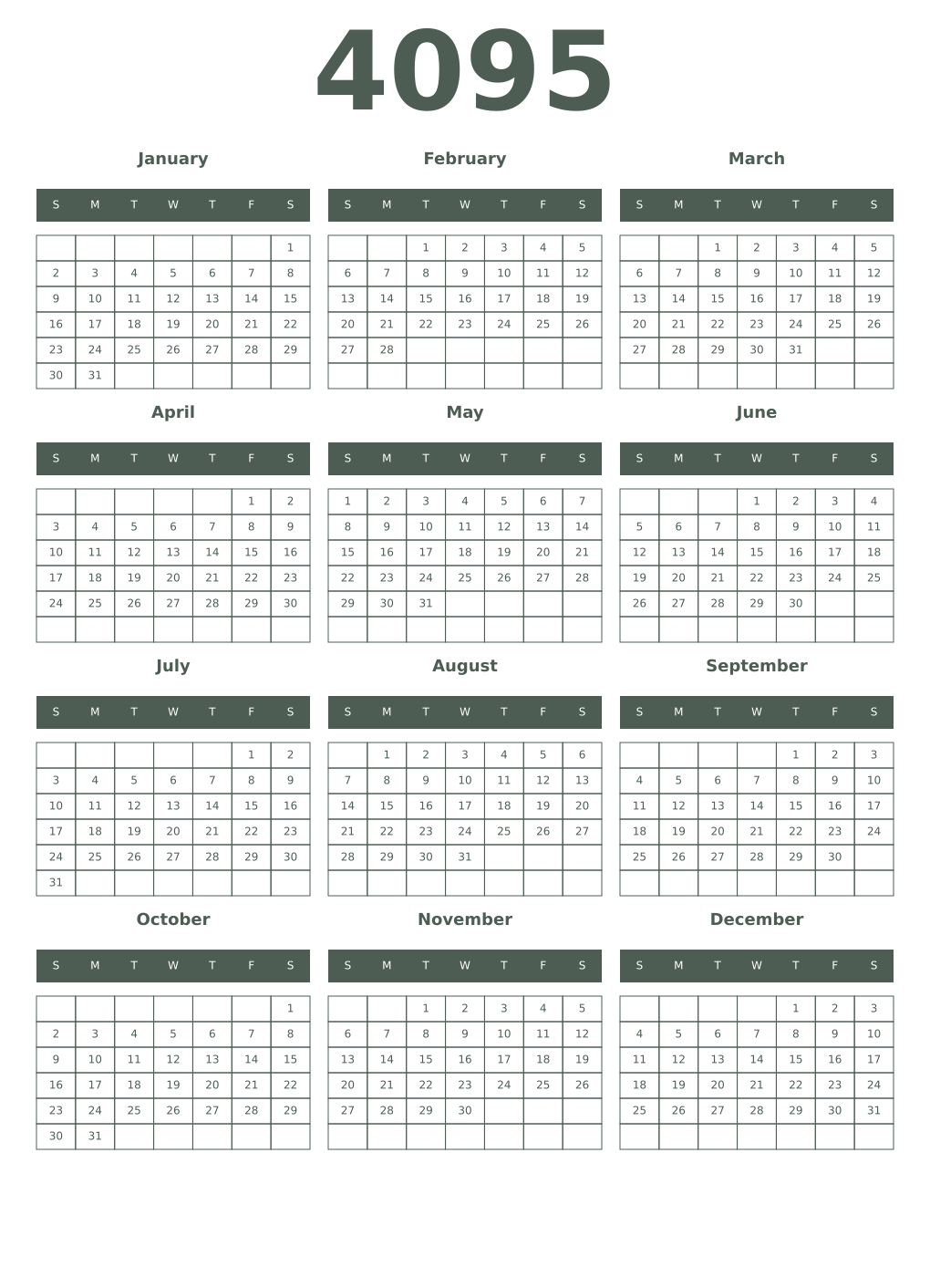 Printable 4095 Year Calendars feldgrau