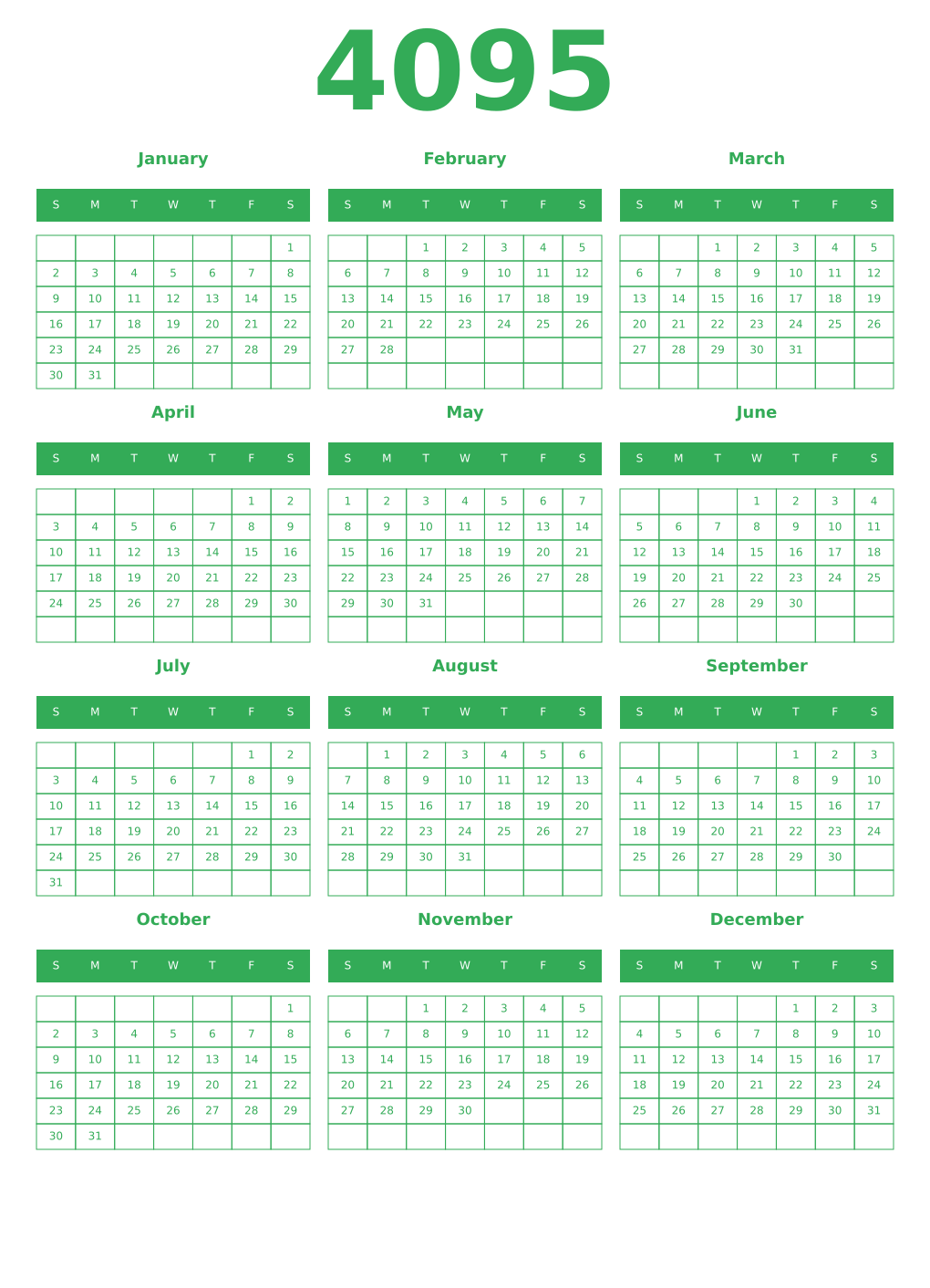 Printable 4095 Year Calendars green