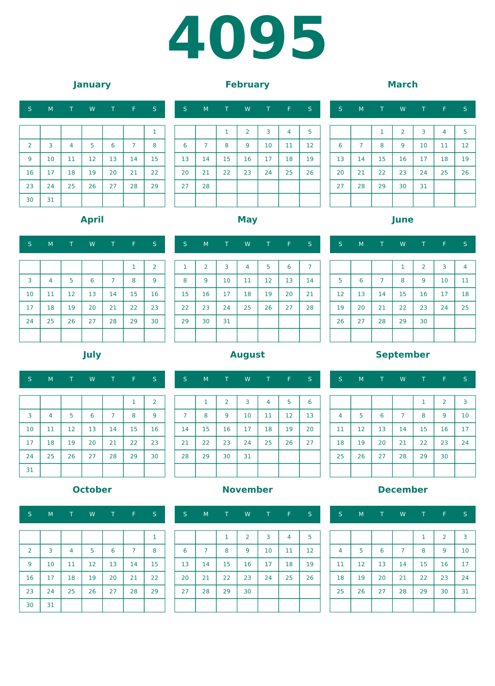 Printable 4095 Year Calendars pastel