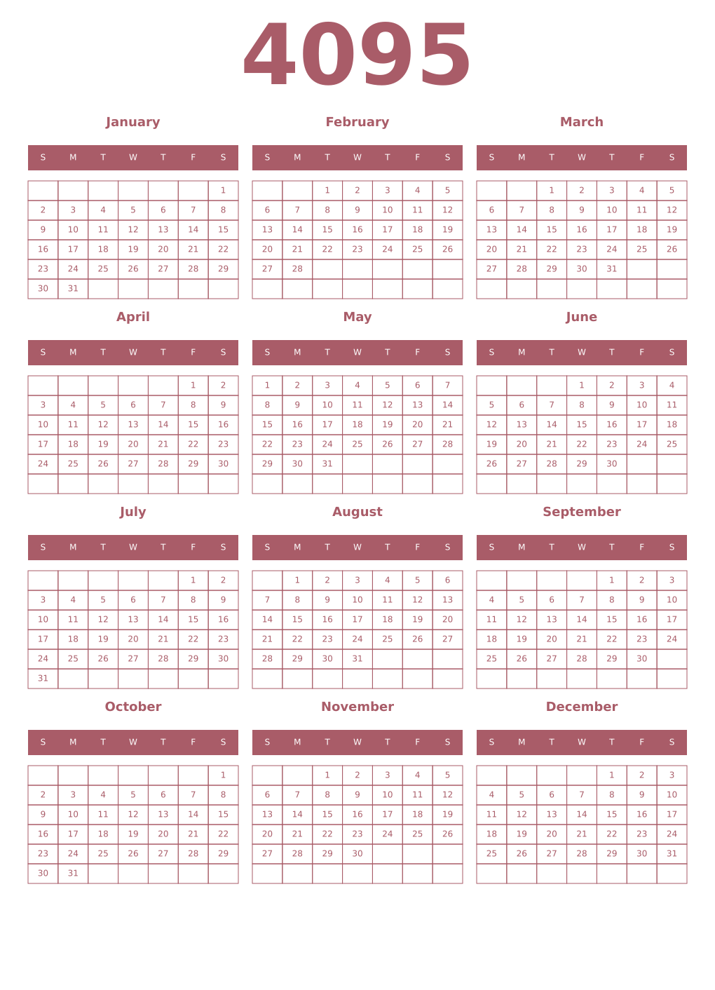 Printable 4095 Year Calendars puce