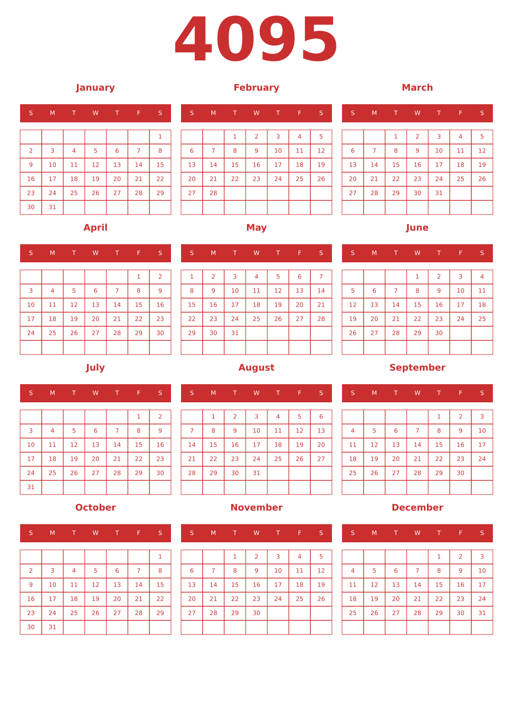 Printable 4095 Year Calendars red