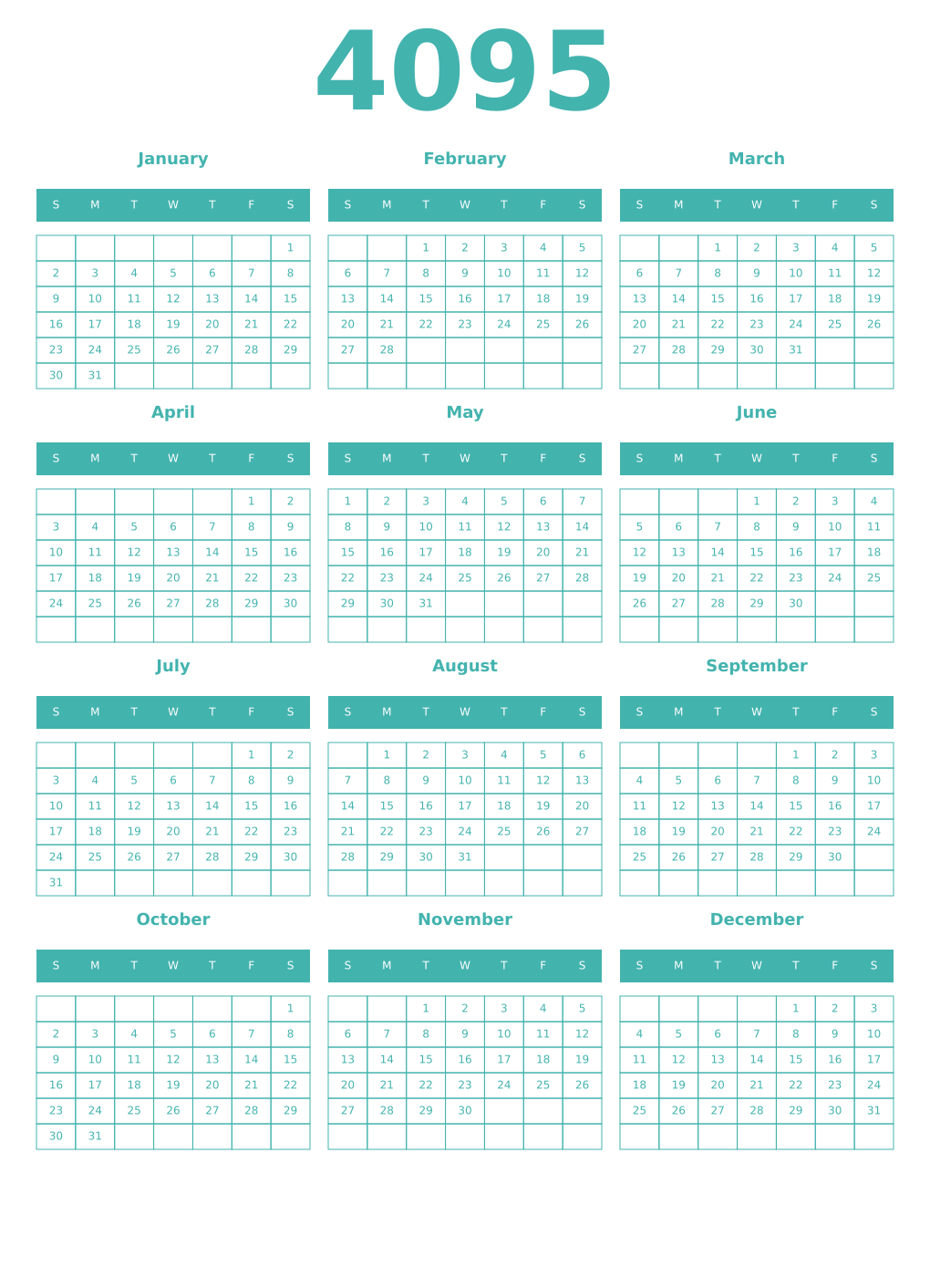 Printable 4095 Year Calendars verdigris