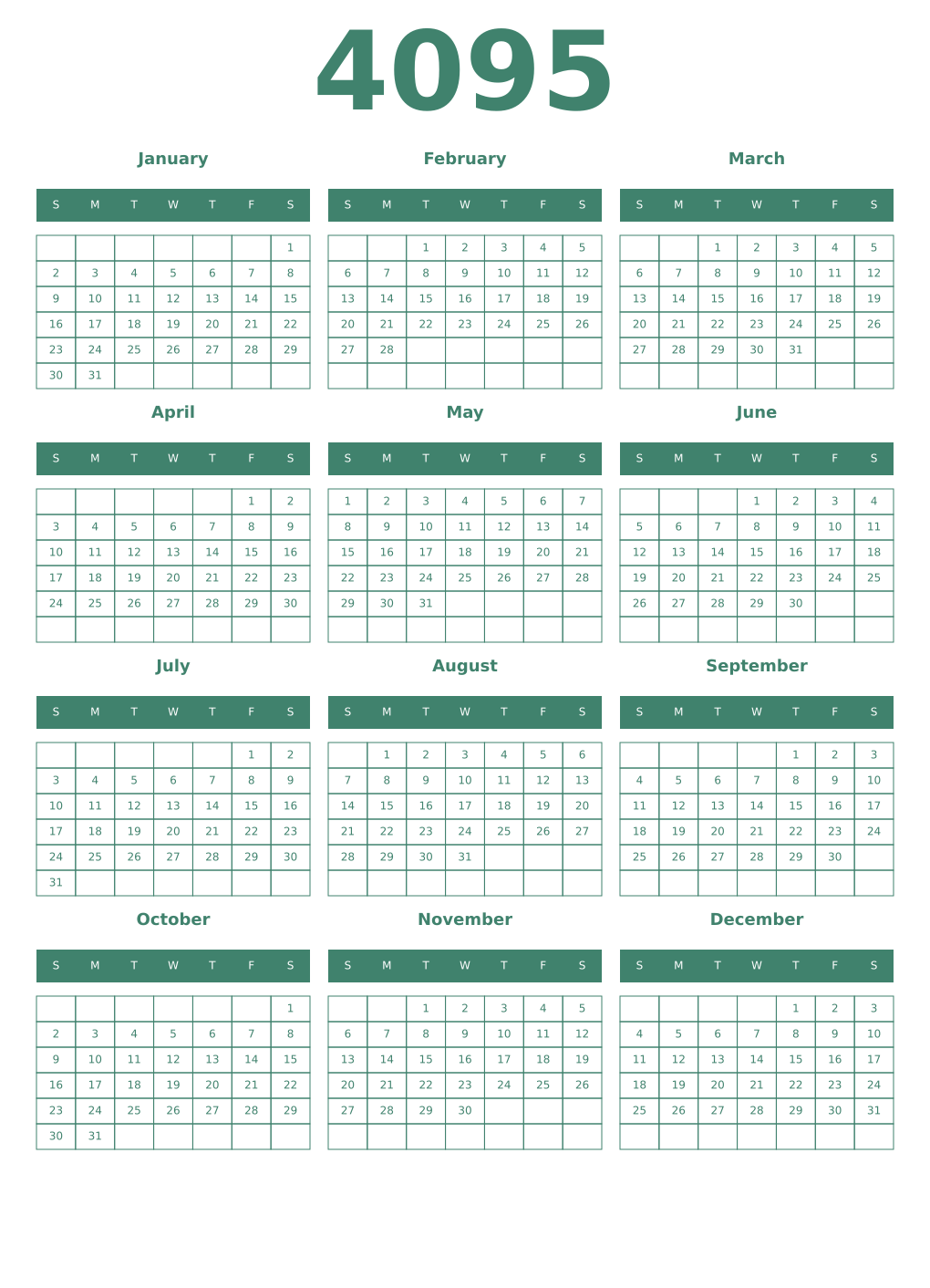 Printable 4095 Year Calendars viridian