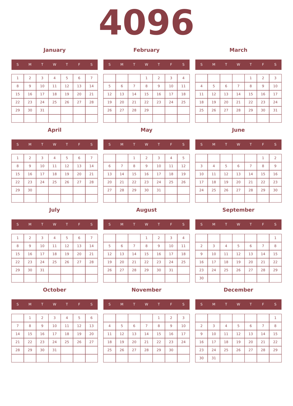 Printable 4096 Year Calendars cordovan