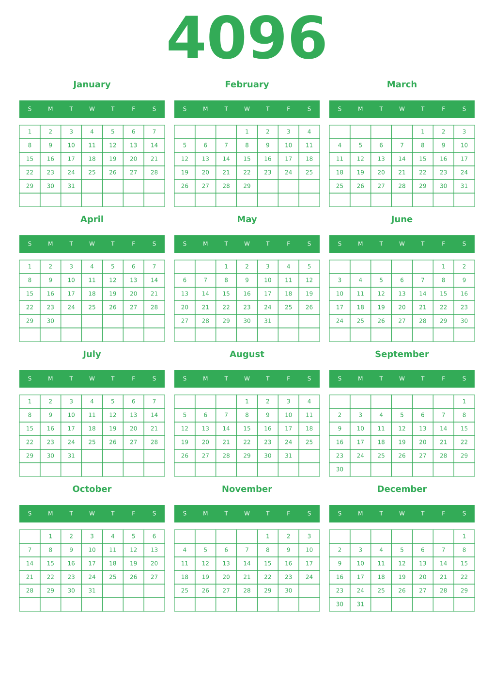 Printable 4096 Year Calendars green