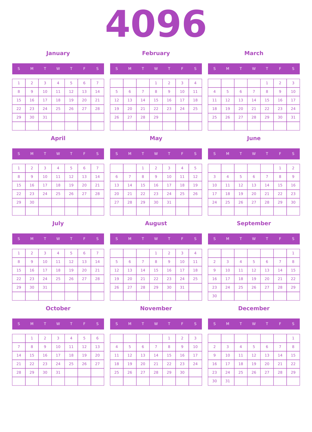Printable 4096 Year Calendars purple