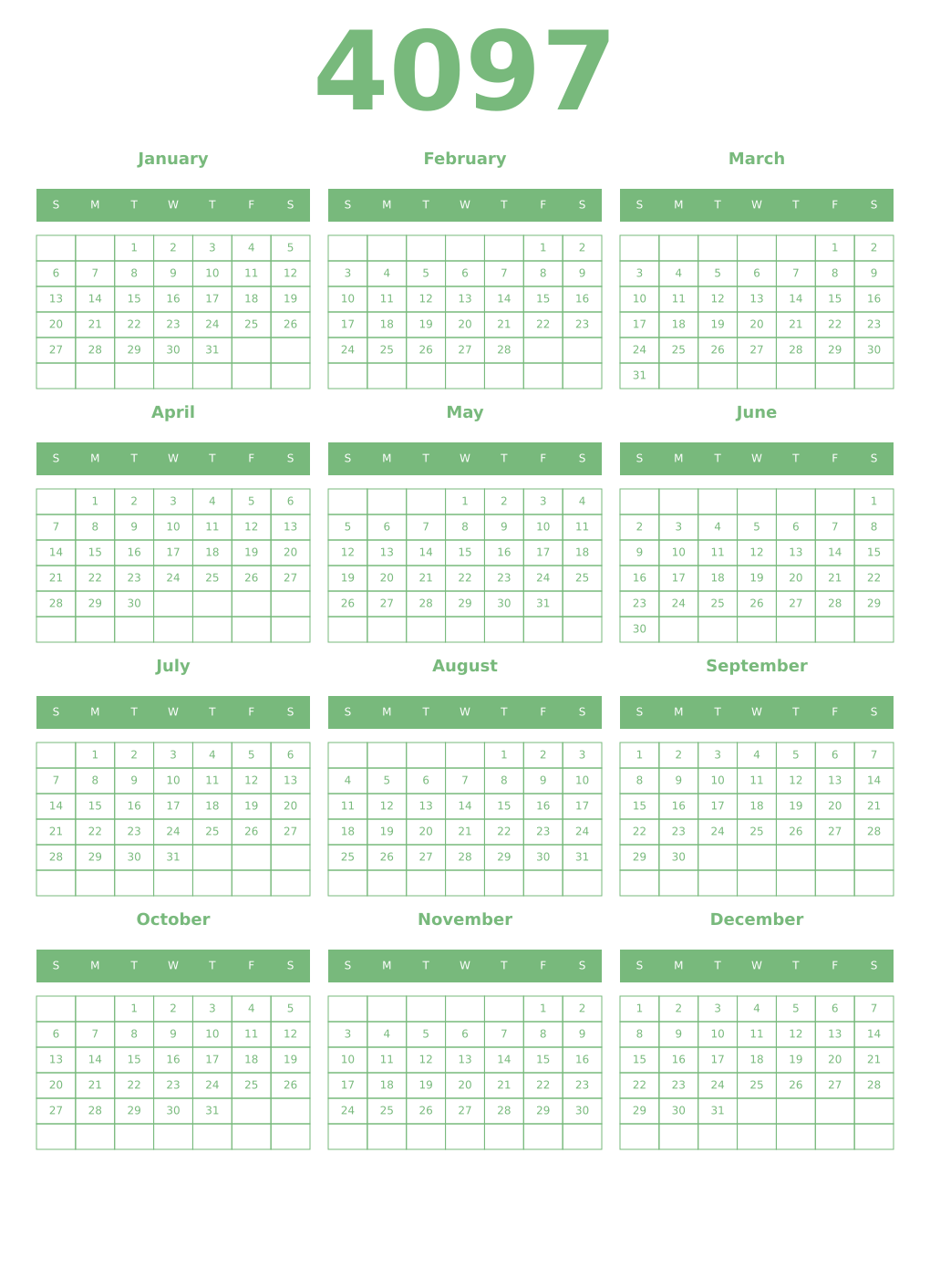Printable 4097 Year Calendars celadon