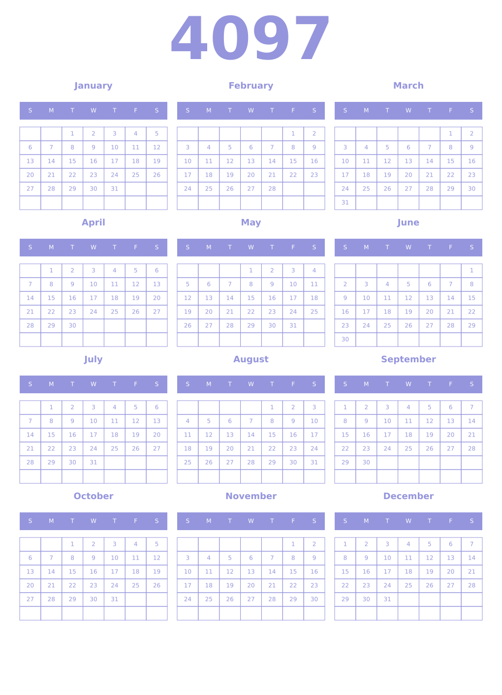 Printable 4097 Year Calendars periwinkle
