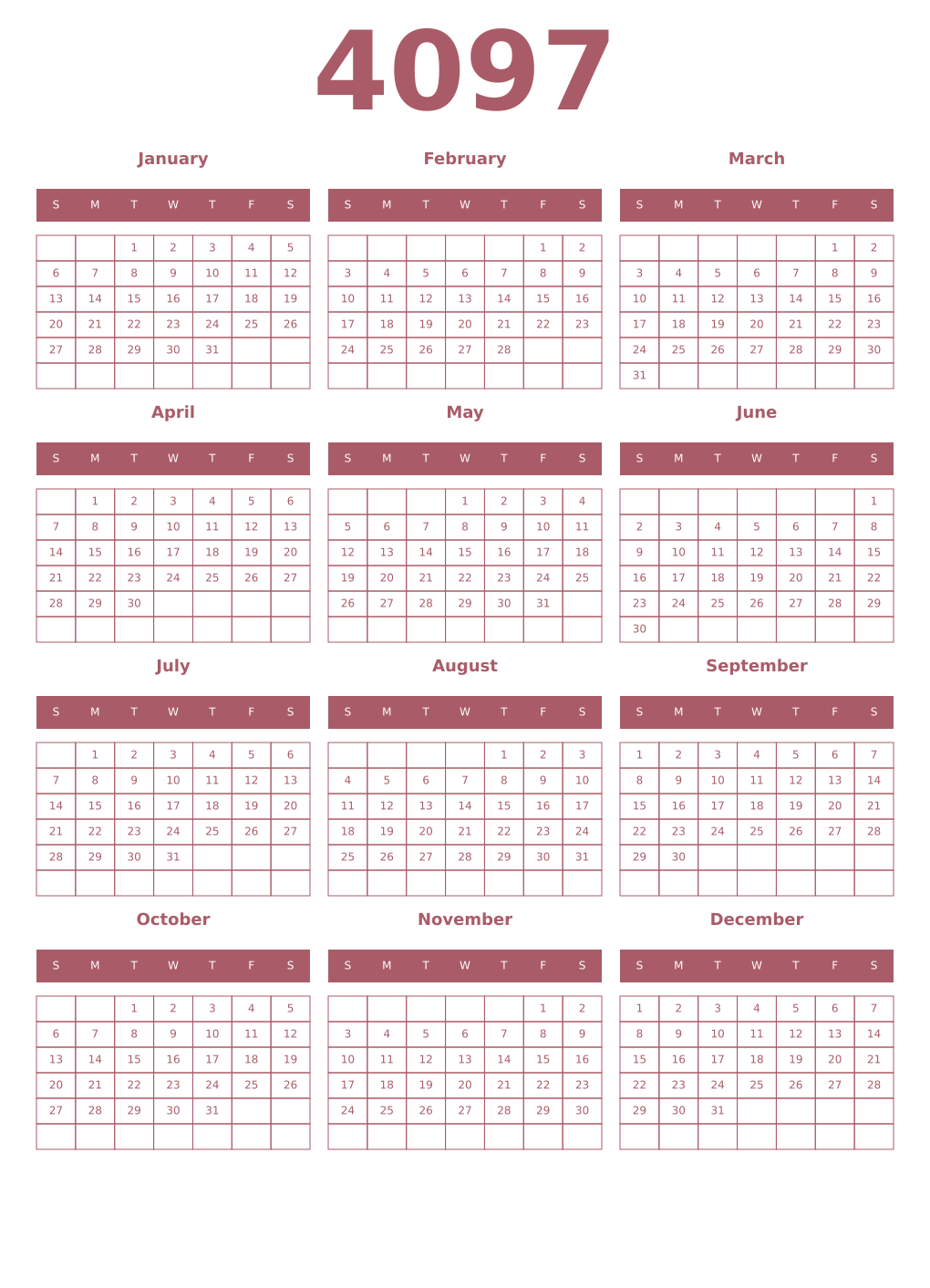 Printable 4097 Year Calendars puce