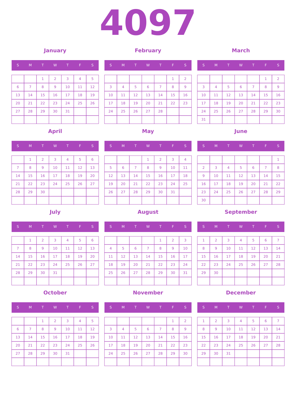 Printable 4097 Year Calendars purple