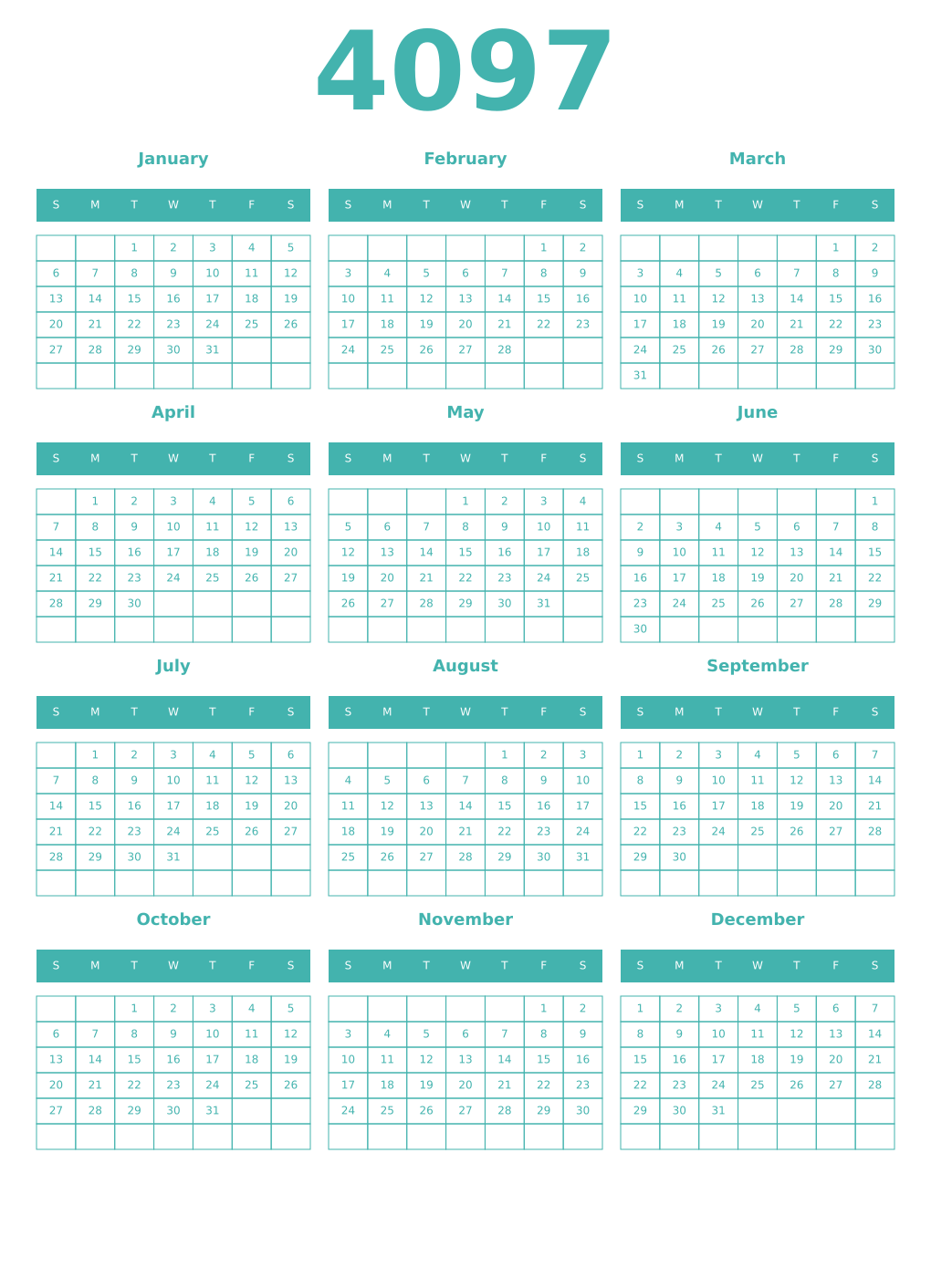 Printable 4097 Year Calendars verdigris