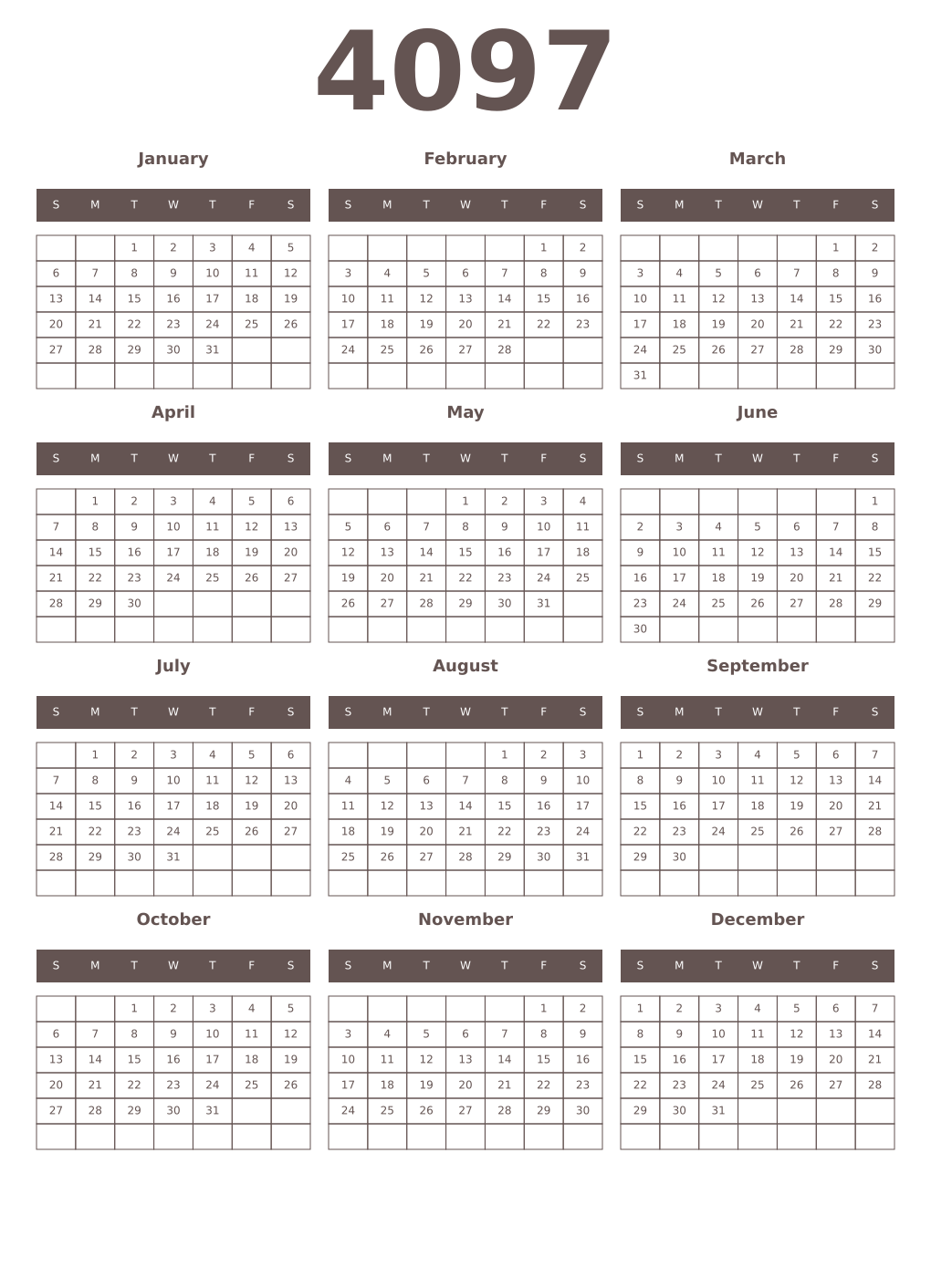 Printable 4097 Year Calendars wenge