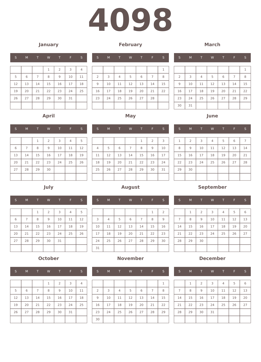 Printable 4098 Year Calendars wenge