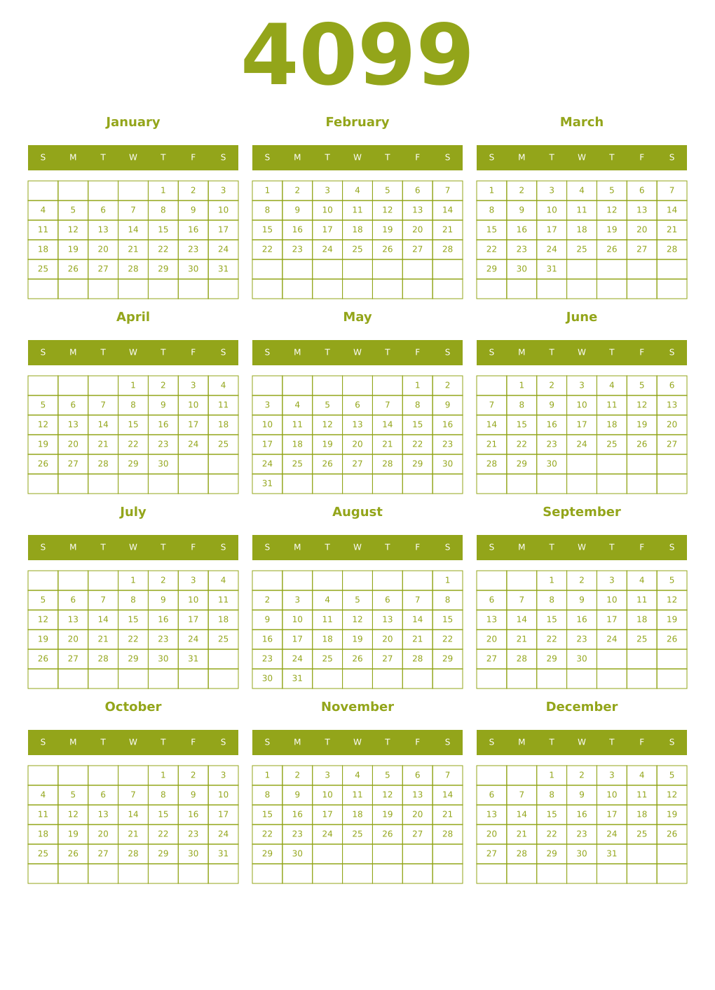 Printable 4099 Year Calendars chartreuse